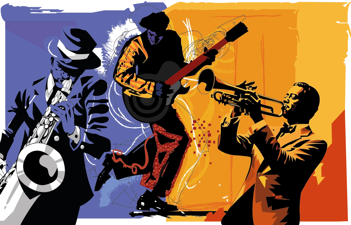 3 musiciens. Un guitariste, un saxophoniste et un trompetiste